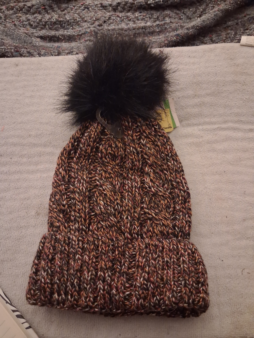 Time and Tru Multicolor Brown Knit Pom Beanie with Black Pom